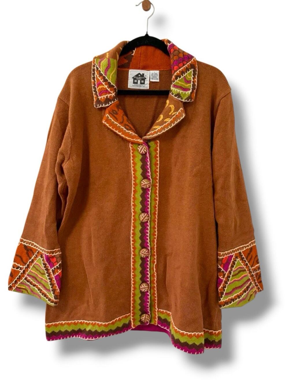 Vintage Storybook Knits Brown Embroidered Cardigan Sweater Ramie Cotton Boho